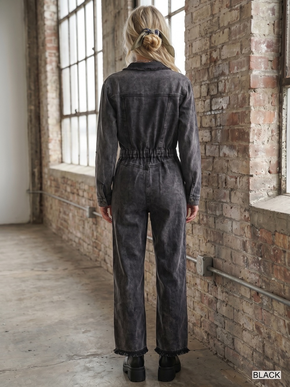 NWT UMGEE Washed Denim Black Frayed Hem Button Down Utility Jumpsuit Coveralls - Picture 5 of 6